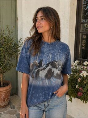 The Mountain Vintage-Inspired Blue Tie-Dye Horse Graphic Tee